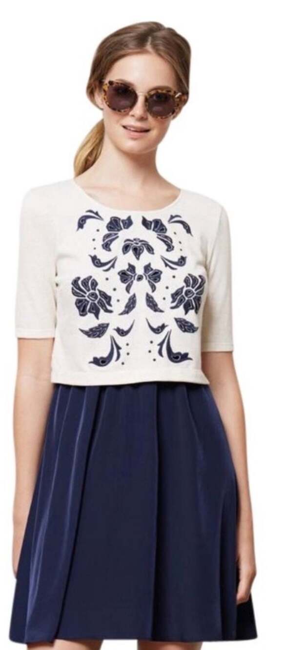 Anthropologie Lilka Elise Flora Navy Blue and Cream Embroidered Dress